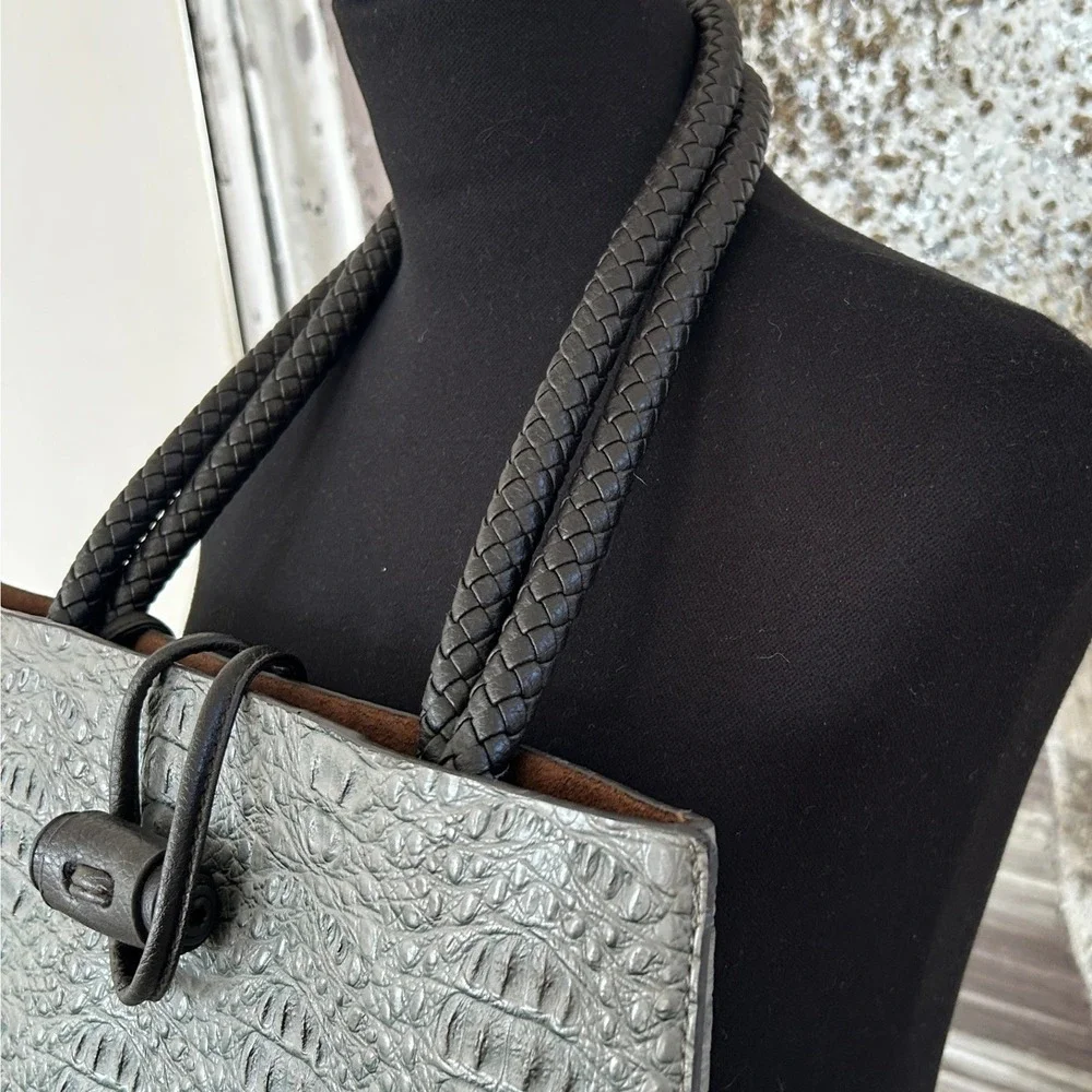 Gray Faux Crocodile-Embossed Dual Braided Top Closure Buckle Large Tote Bag